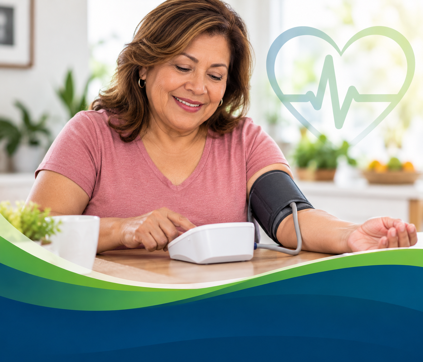 Woman using a home blood pressure monitor